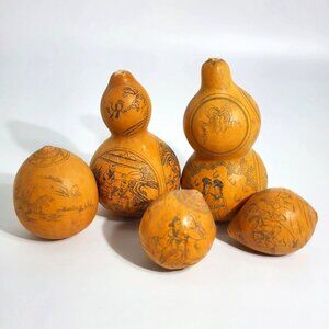 Handcrafted Etched Calabash Gourds Chinese Lanzhou Intricate Calligraphy Vintage